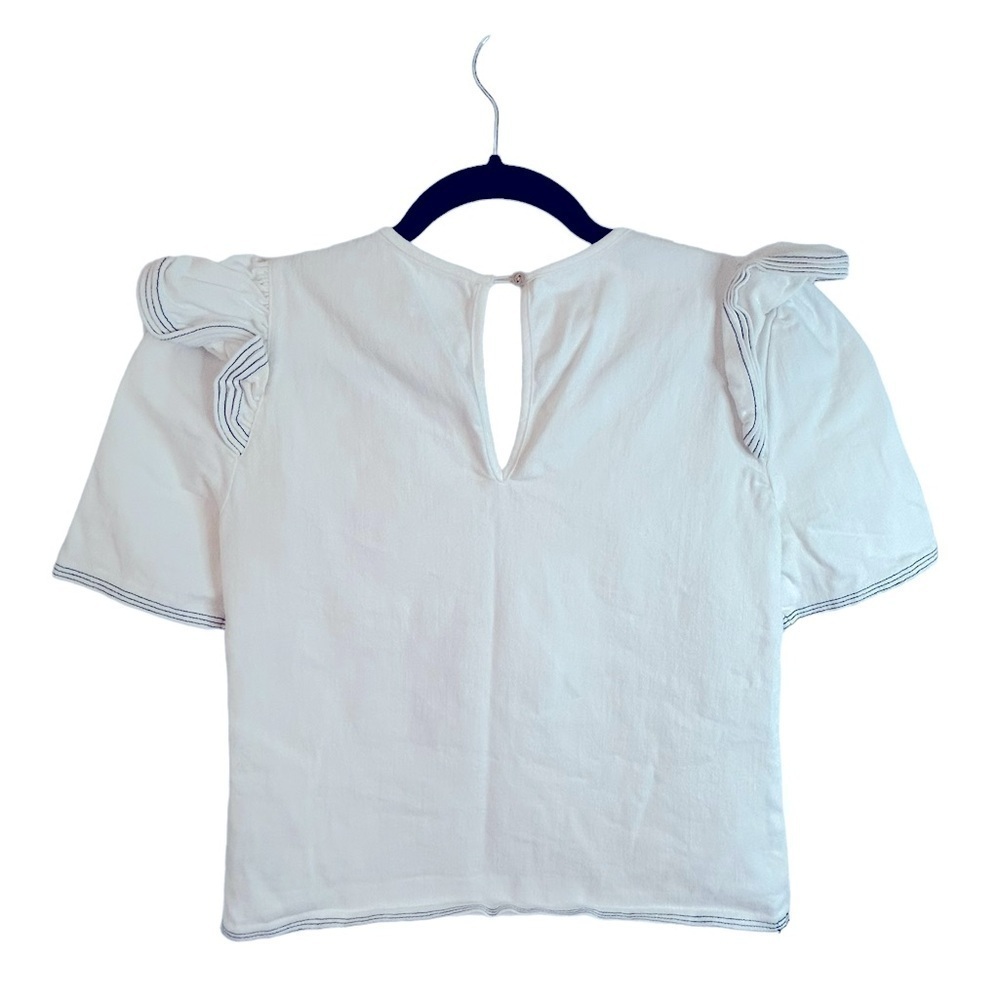 Saylor Anthropologie White Ruffle Sleeve Nautical Harriette Denim Top Size XS - Picture 6 of 12